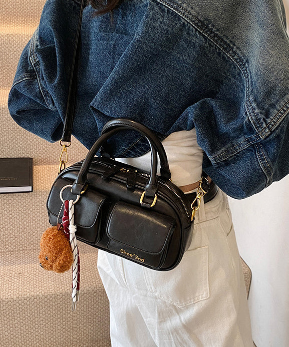 New Black Pockets Versatile Faux Leather Tote Bag