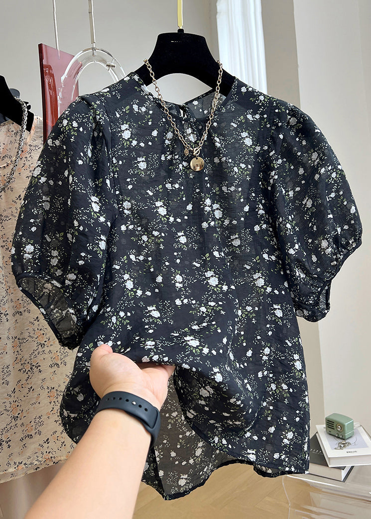 New Black Print Button Cotton Shirt Summer