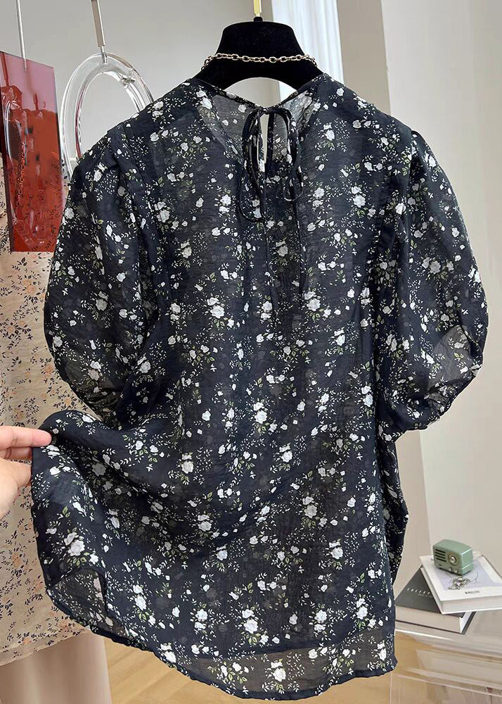 New Black Print Button Cotton Shirt Summer