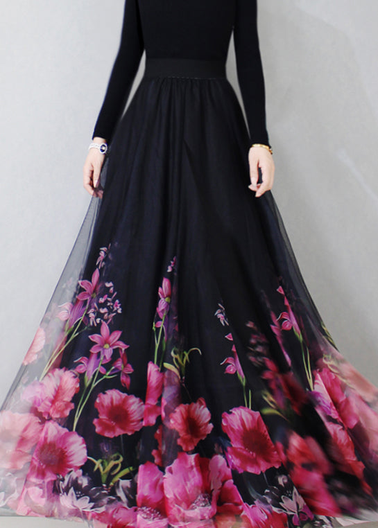 New Black Print High Waist Tulle Skirt Spring