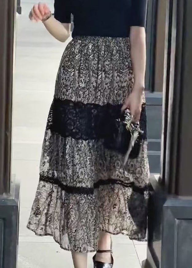 New Black Print Lace Elastic Waist Chiffon Skirt Summer