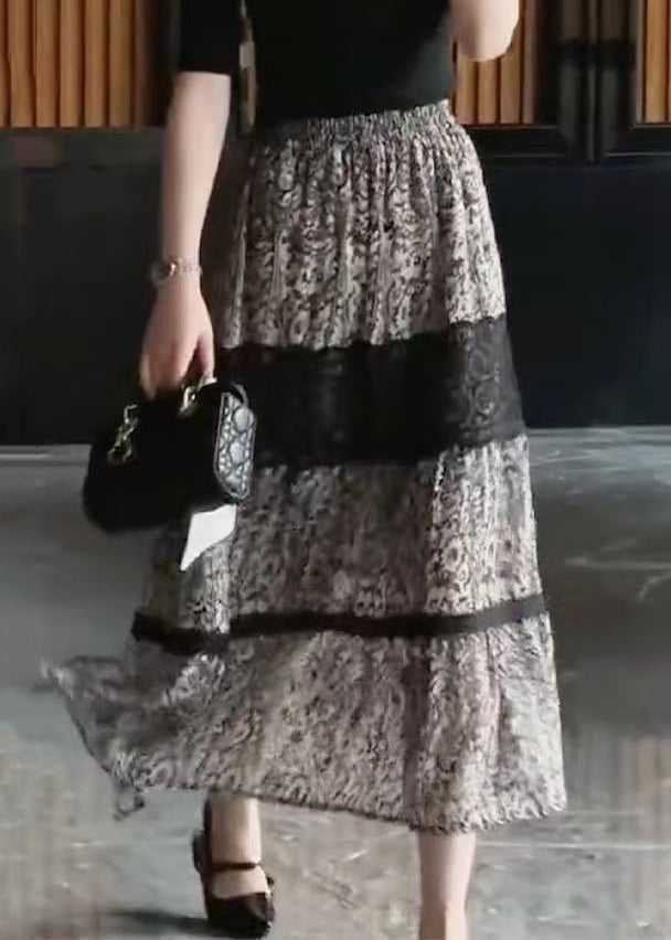 New Black Print Lace Elastic Waist Chiffon Skirt Summer