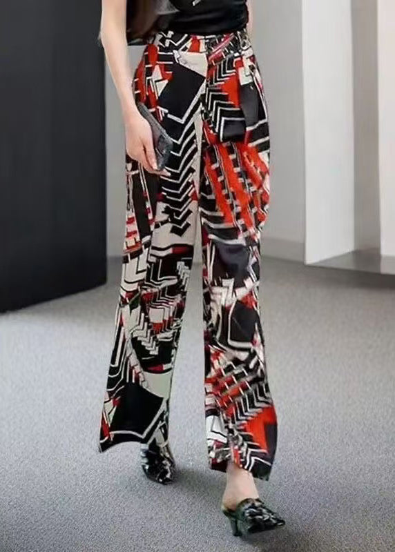 New Black Print Pockets Elastic Waist Pants Summer