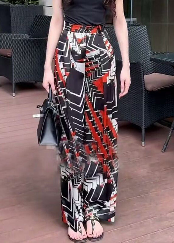 New Black Print Pockets Elastic Waist Pants Summer
