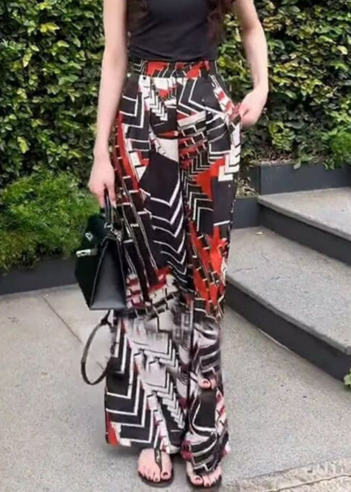 New Black Print Pockets Elastic Waist Pants Summer