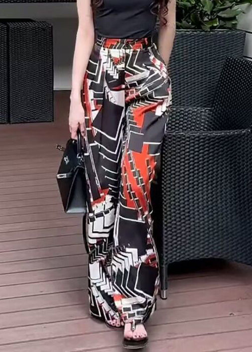 New Black Print Pockets Elastic Waist Pants Summer