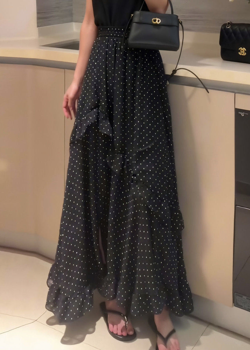 New Black Ruffled Dot Side Open Chiffon Skirt Summer