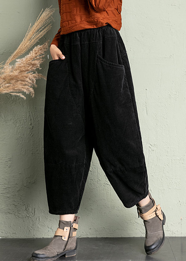 New Black Solid Pockets High Waist Corduroy Harem Pants