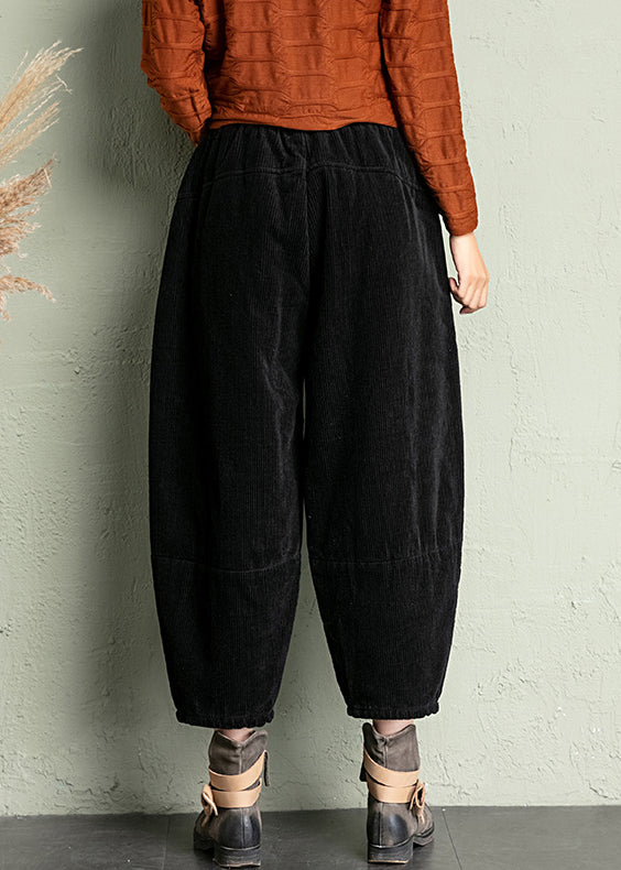 New Black Solid Pockets High Waist Corduroy Harem Pants