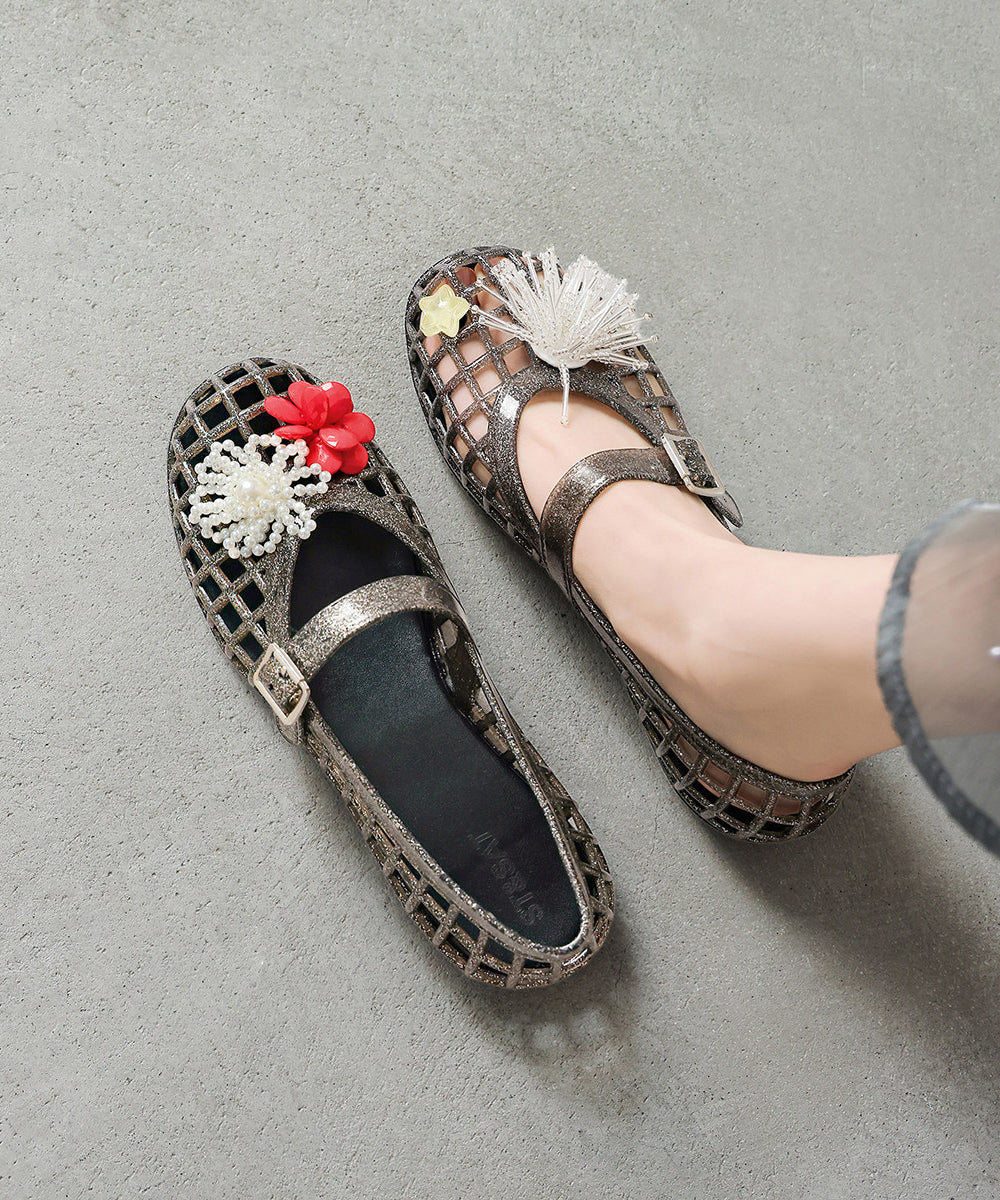 New Black Tassel Floral Splicing Hollow Out Sandals