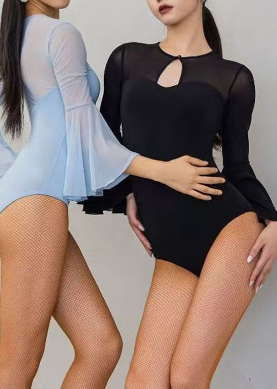 New Black Tulle Flare Sleeve Latin Dance Jumpsuit Top