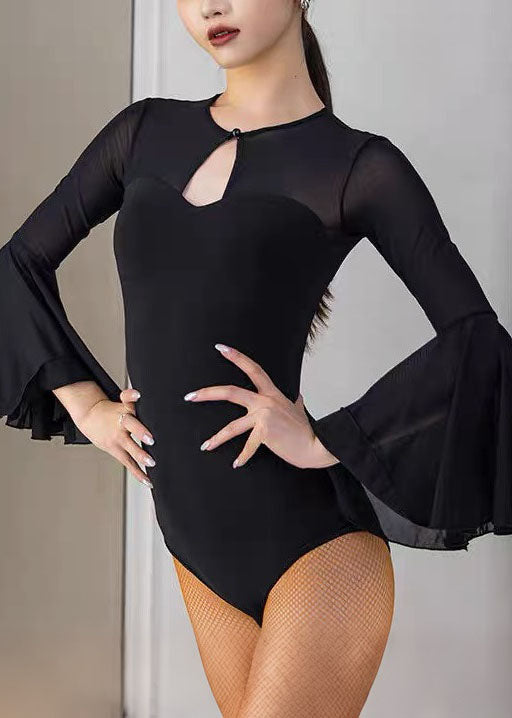 New Black Tulle Flare Sleeve Latin Dance Jumpsuit Top