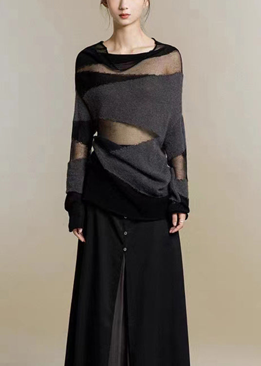 Black Turtleneck Tulle Patchwork Thin Knit Sweaters