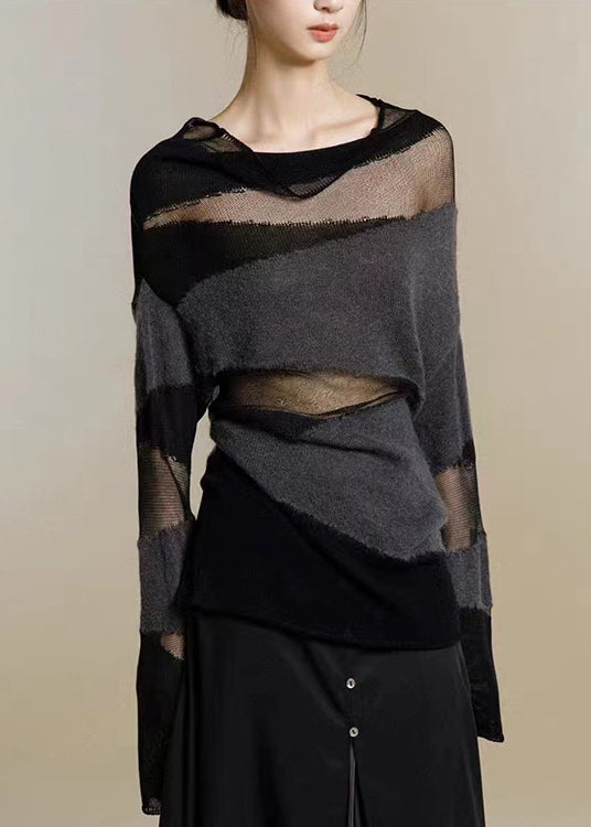 Black Turtleneck Tulle Patchwork Thin Knit Sweaters