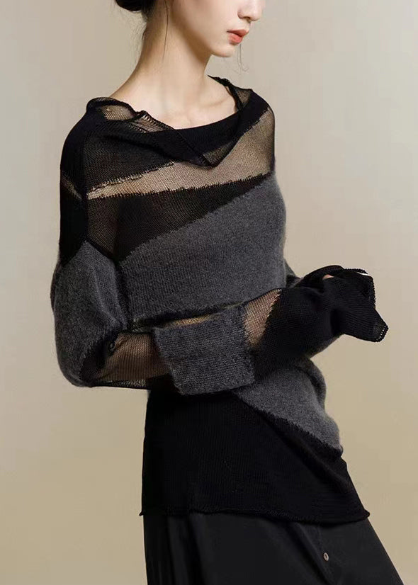 Black Turtleneck Tulle Patchwork Thin Knit Sweaters