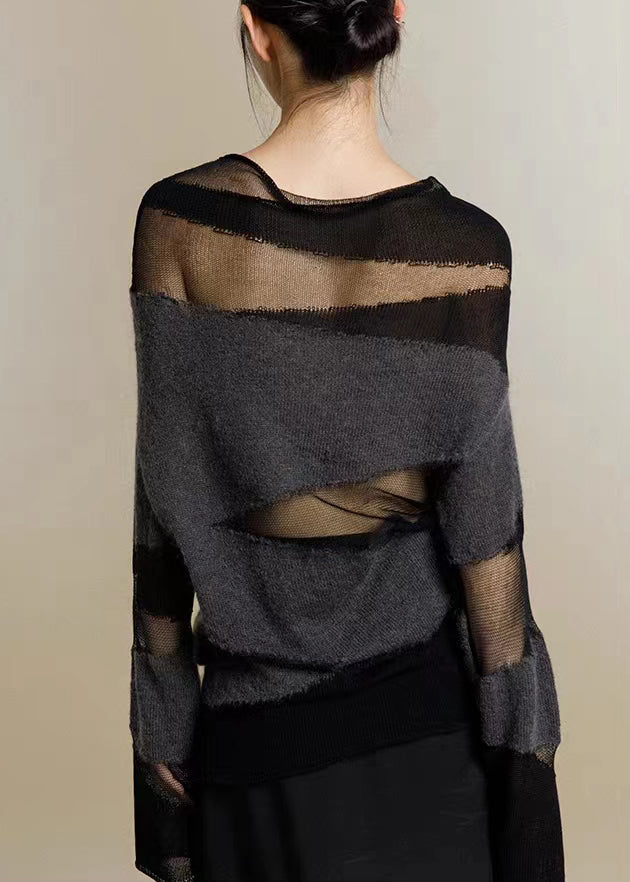 Black Turtleneck Tulle Patchwork Thin Knit Sweaters