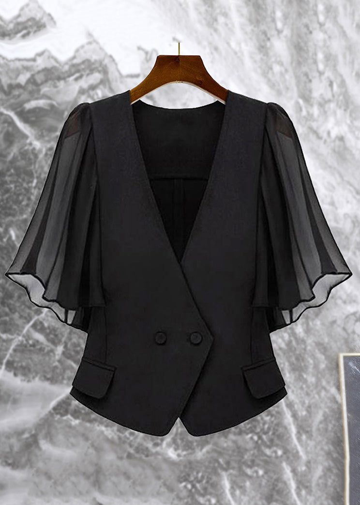New Black V Neck Button Chiffon Patchwork Coat Butterfly Sleeve