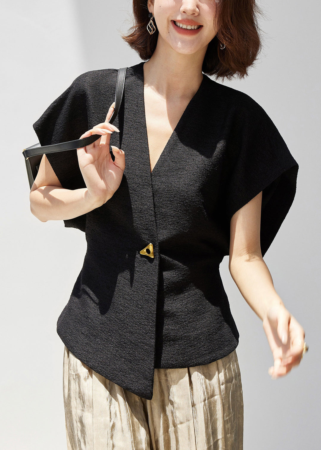 New Black V Neck Button Spandex Top Summer