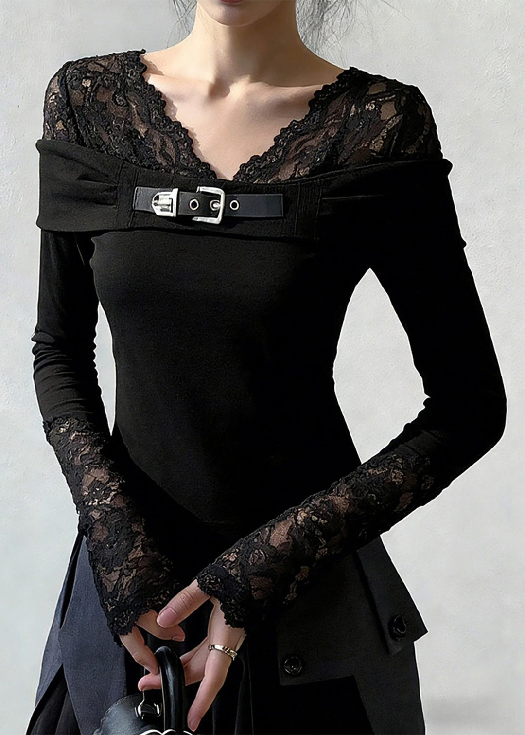 New Black V Neck Lace Patchwork T Shirt Spring