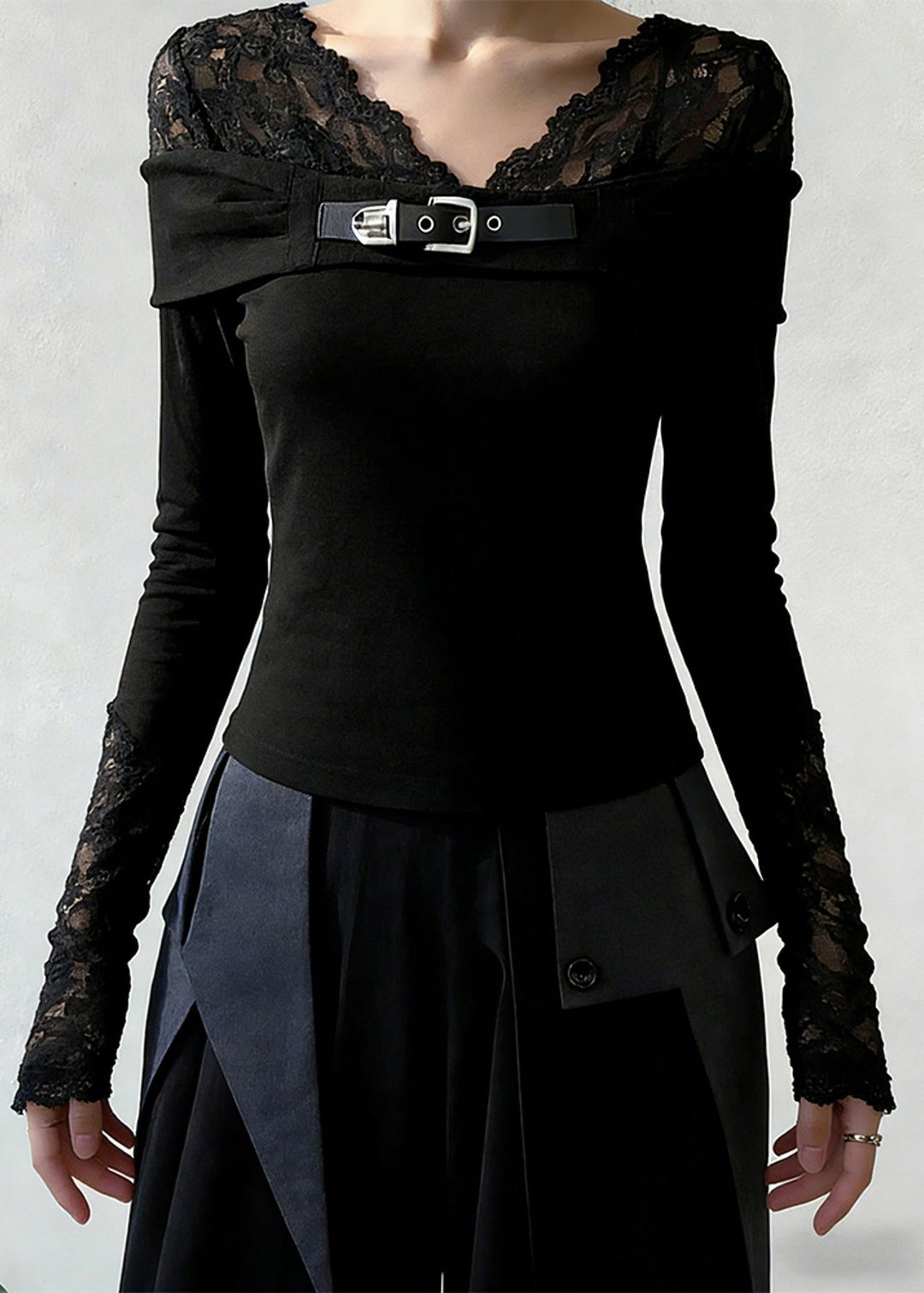 New Black V Neck Lace Patchwork T Shirt Spring