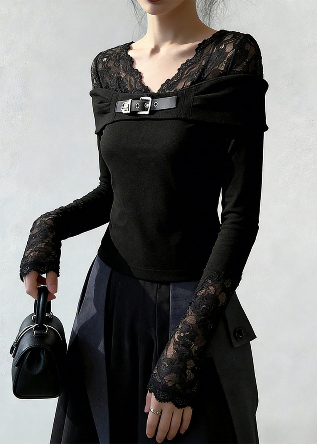 New Black V Neck Lace Patchwork T Shirt Spring