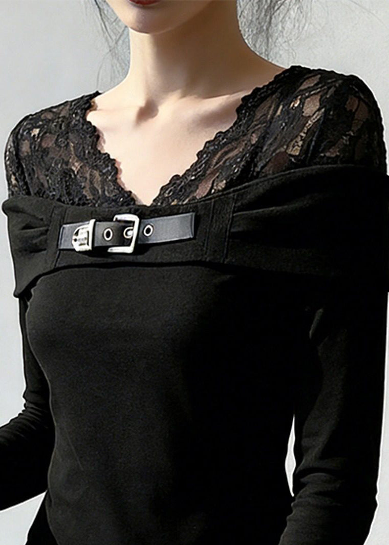 New Black V Neck Lace Patchwork T Shirt Spring