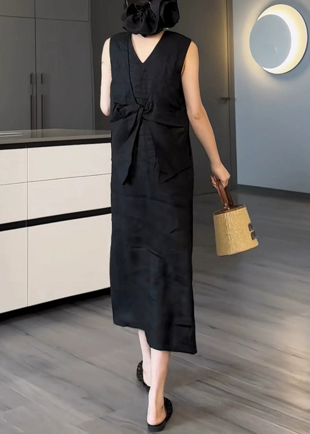 New Black V Neck Pockets Solid Cotton Long Dress Sleeveless