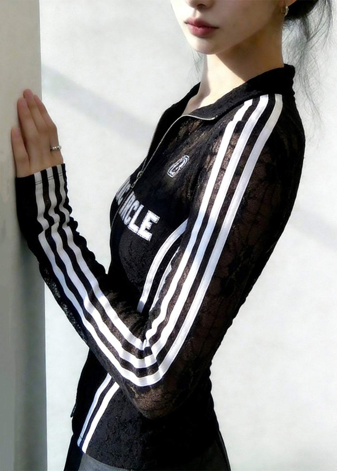 New Black Zip Up Striped Patchwork Lace Top Spring