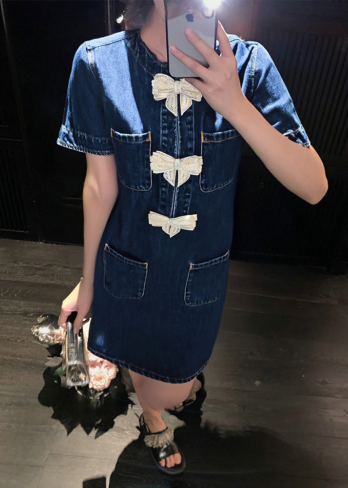 New Blue Bow Zircon Pockets Denim Dresses Summer