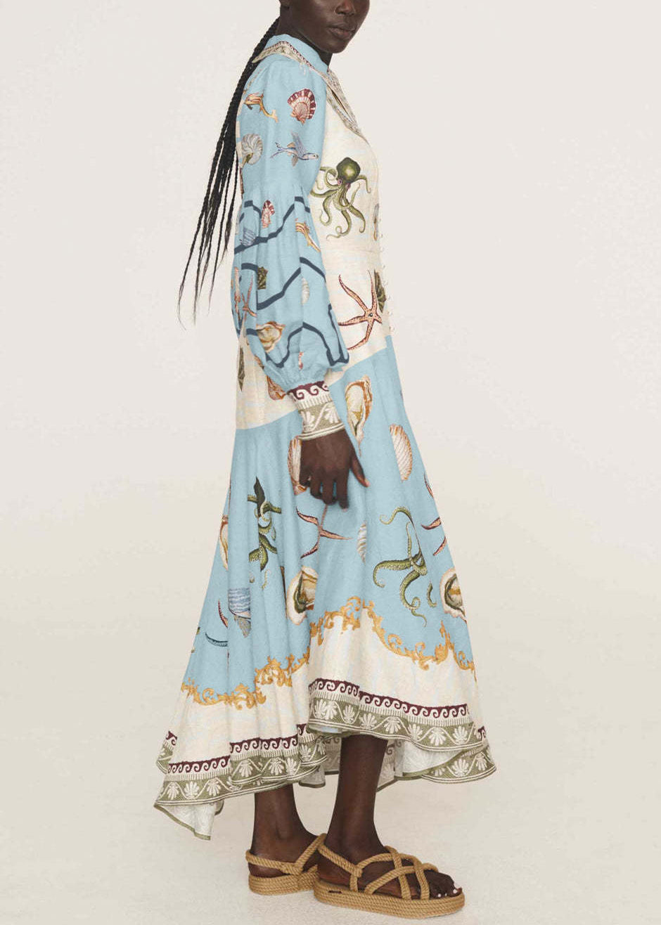 New Blue Button Print Lace Up Cotton Long Dress Spring