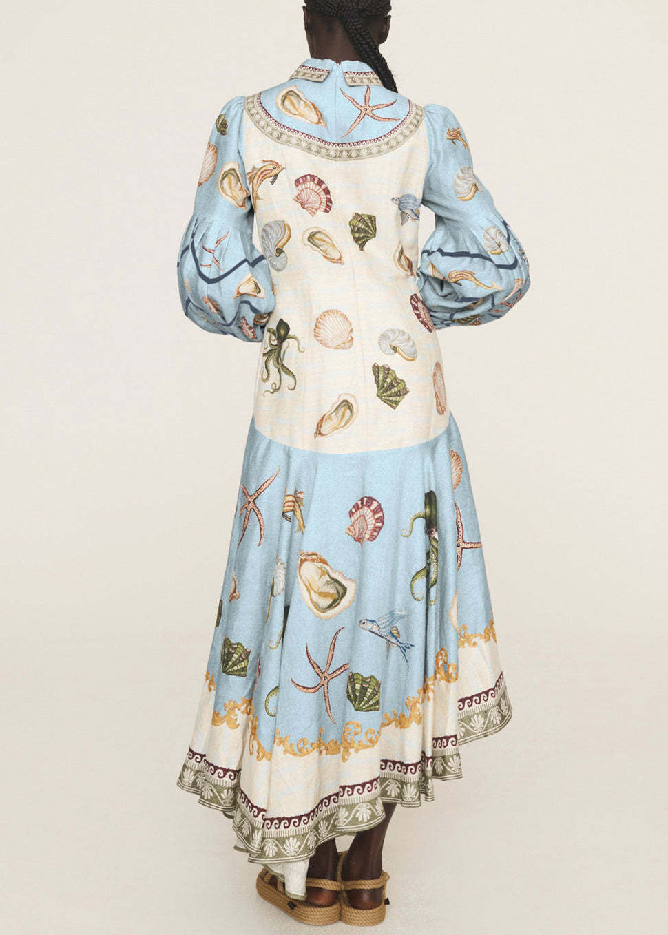 New Blue Button Print Lace Up Cotton Long Dress Spring