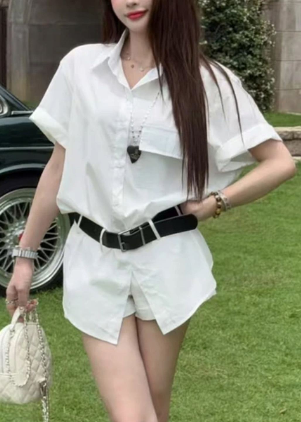 New Blue Button Shirts And Shorts Cotton Two Piece Set Summer