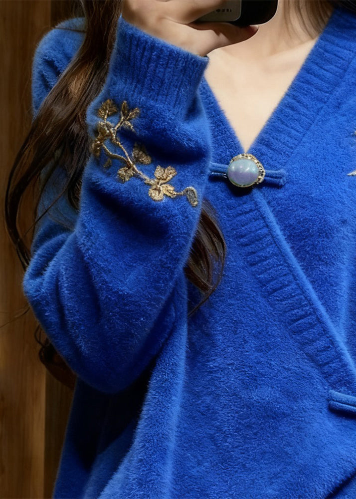 New Blue Cotton Knit Sweaters V Neck Embroidered Fall