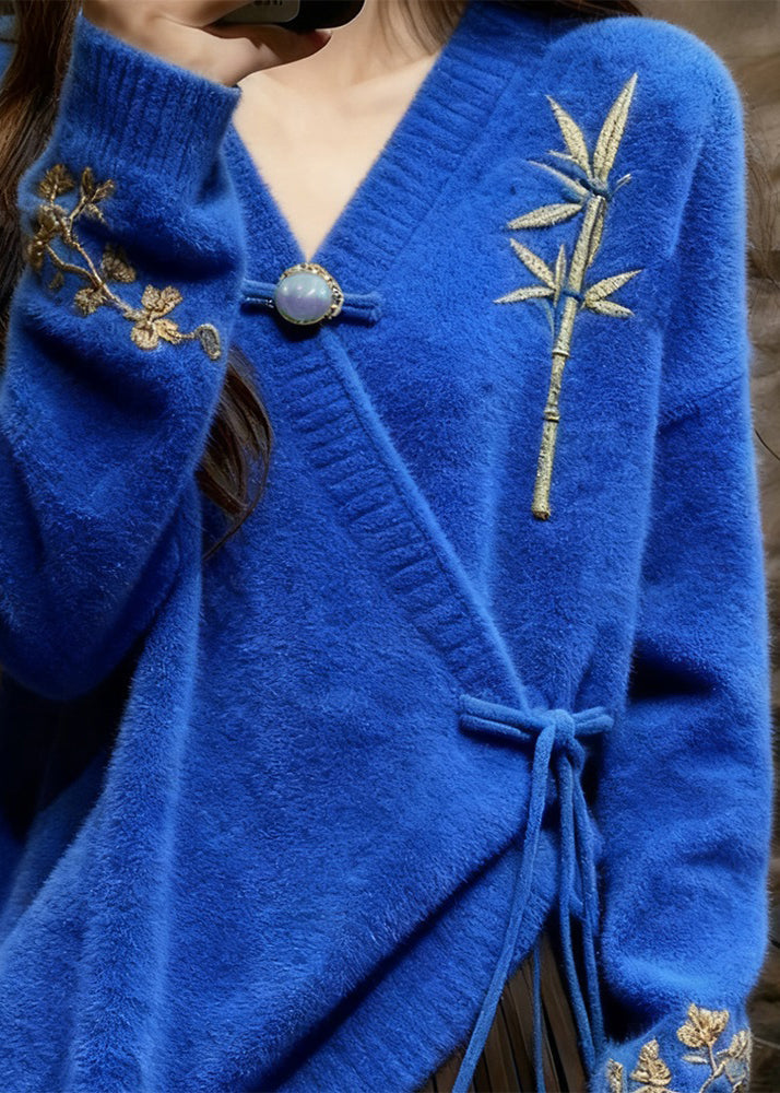 New Blue Cotton Knit Sweaters V Neck Embroidered Fall