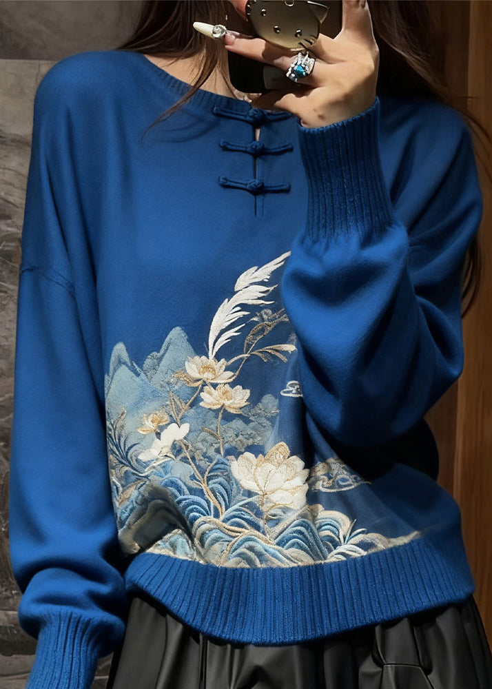 New Blue Embroidered Button Cozy Knit Sweaters Fall