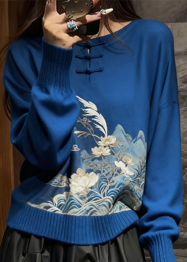 New Blue Embroidered Button Cozy Knit Sweaters Fall