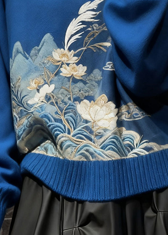 New Blue Embroidered Button Cozy Knit Sweaters Fall