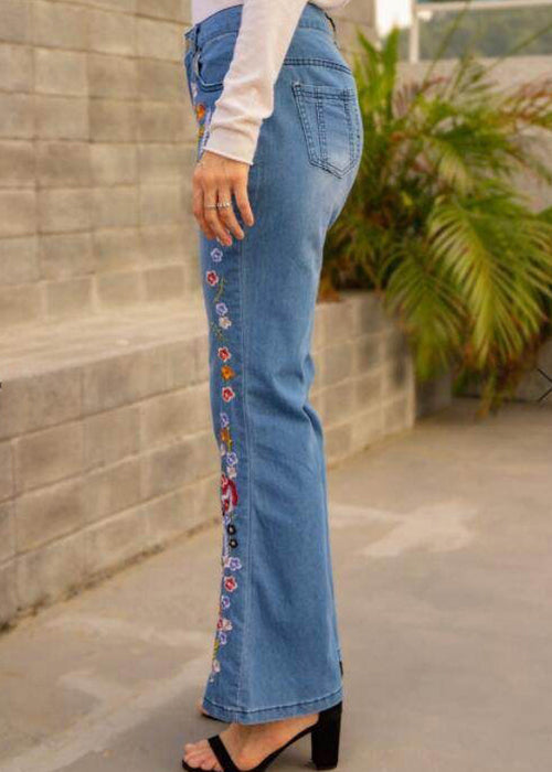 New Blue Embroidered High Waist Denim Flared Trousers Spring
