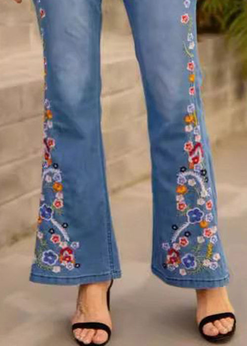 New Blue Embroidered High Waist Denim Flared Trousers Spring