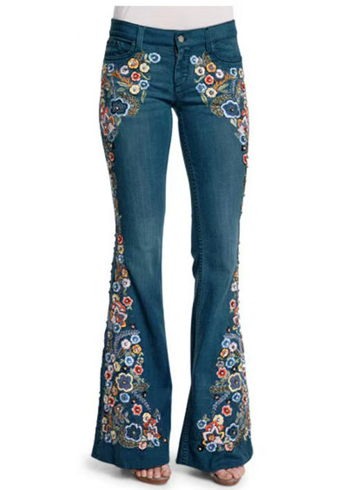 New Blue Embroidered High Waist Denim Flared Trousers Spring