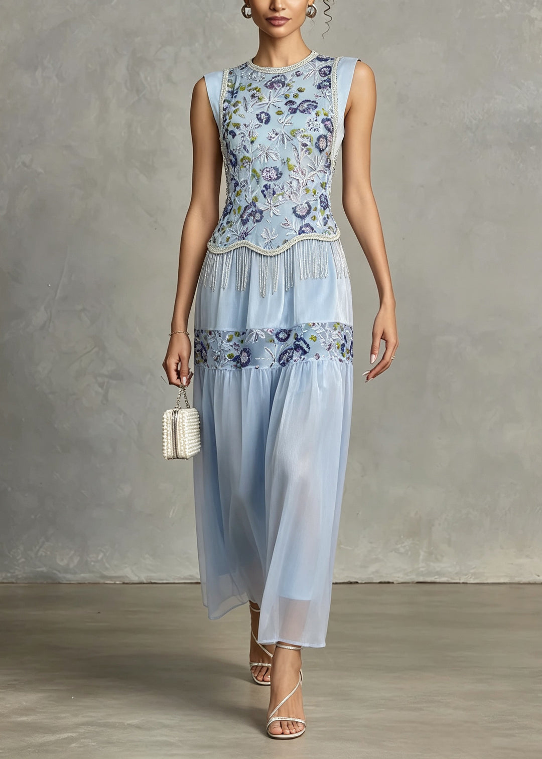 New Blue Embroidered Patchwork Silk Ankle Dress Sleeveless