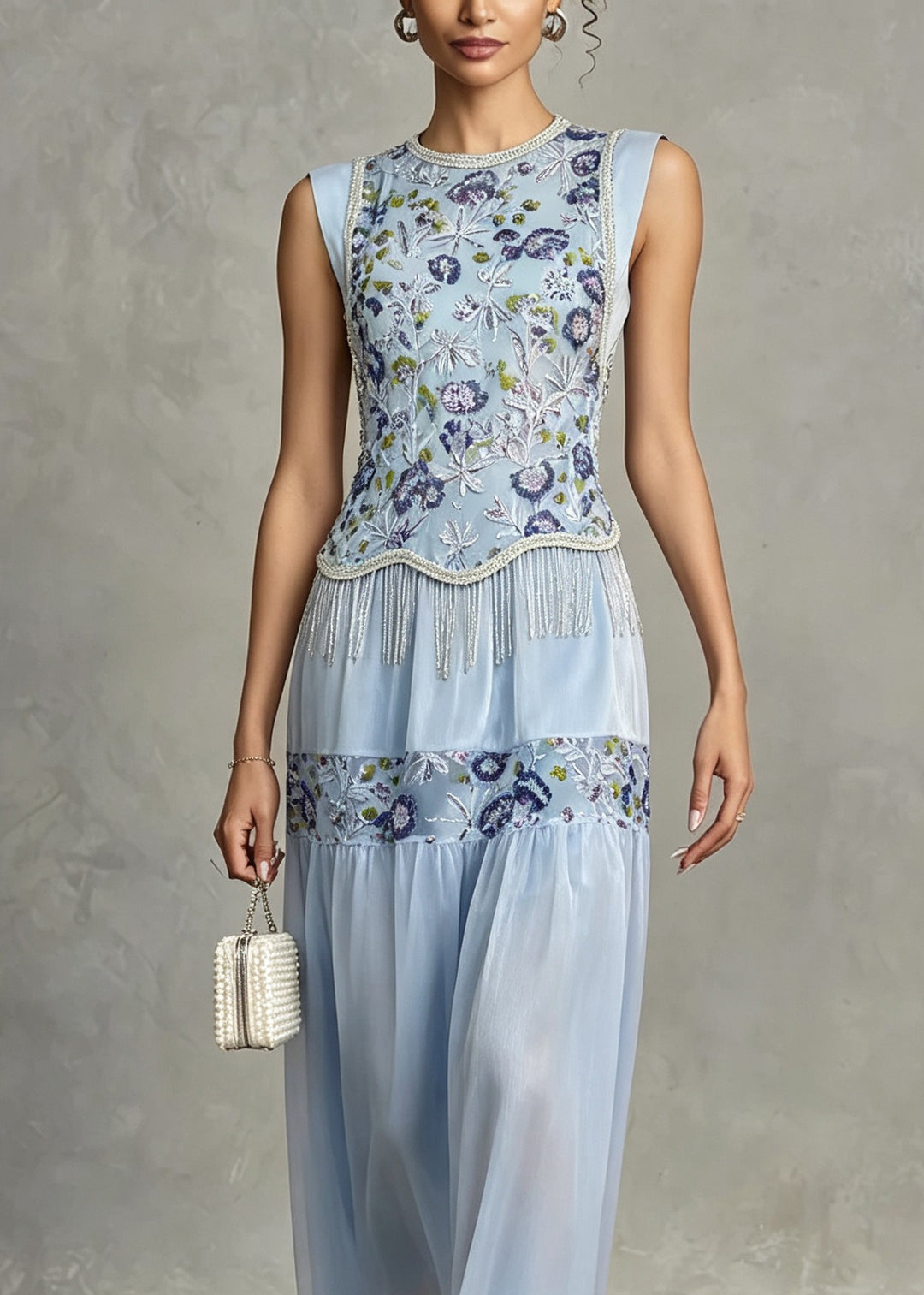 New Blue Embroidered Patchwork Silk Ankle Dress Sleeveless