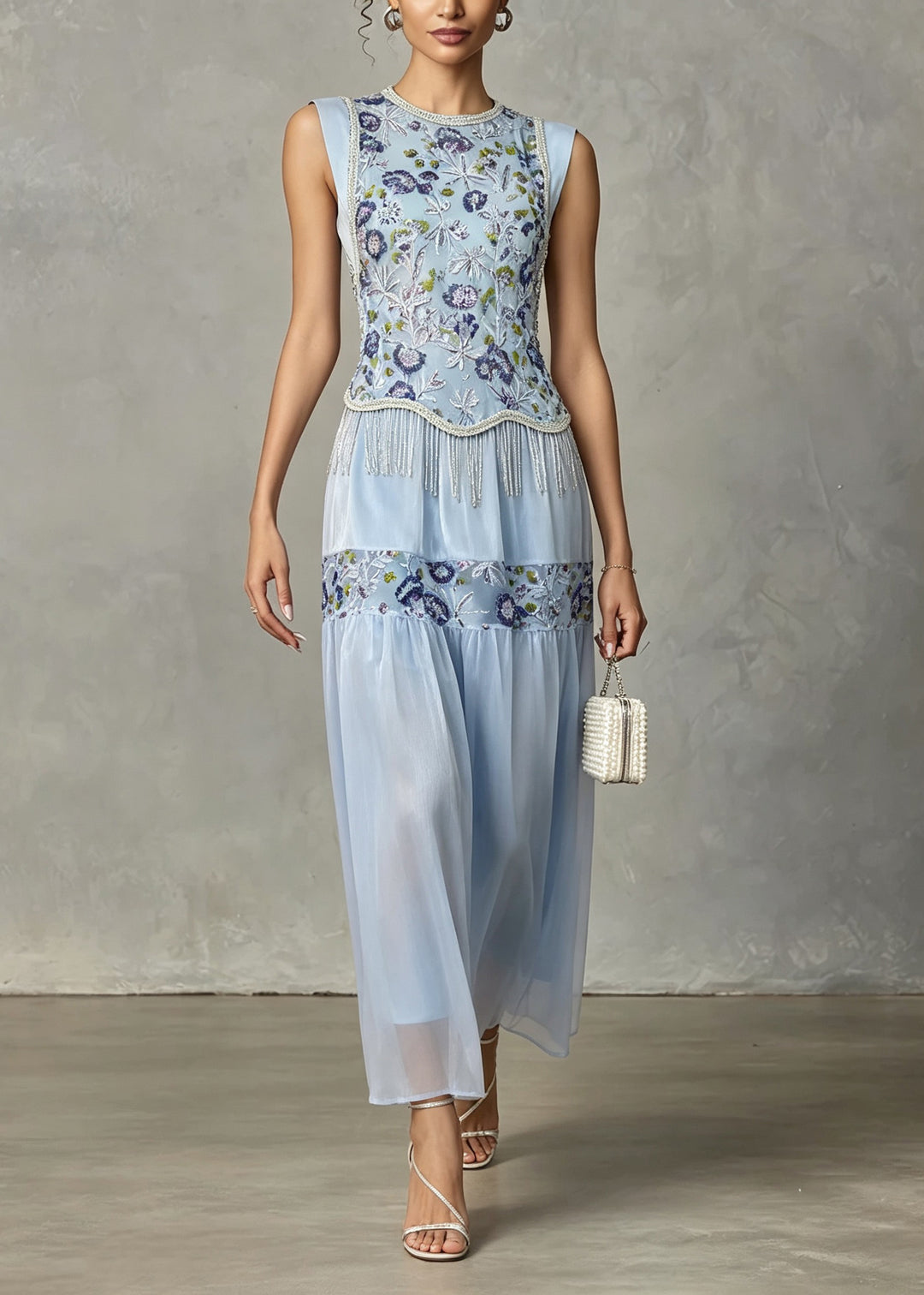 New Blue Embroidered Patchwork Silk Ankle Dress Sleeveless