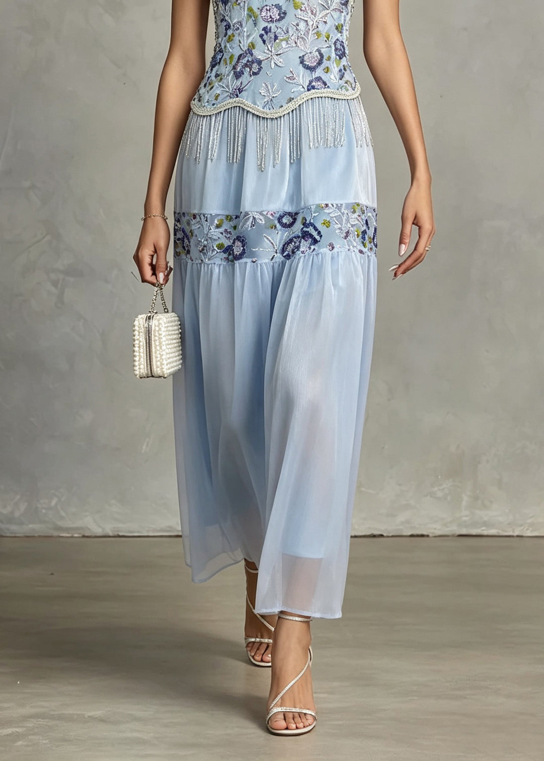 New Blue Embroidered Patchwork Silk Ankle Dress Sleeveless