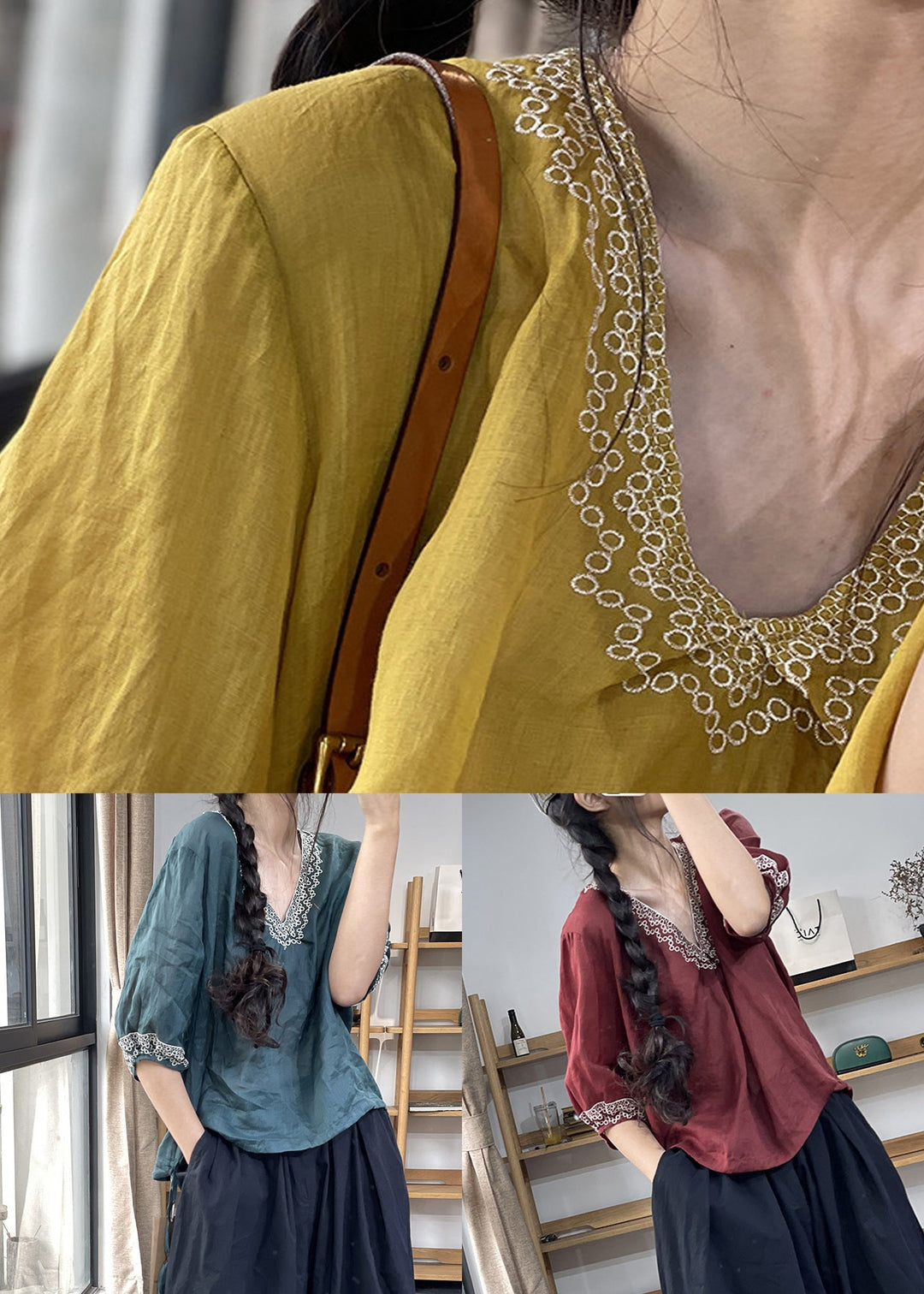 New Blue Embroidered Solid Linen Blouses Summer