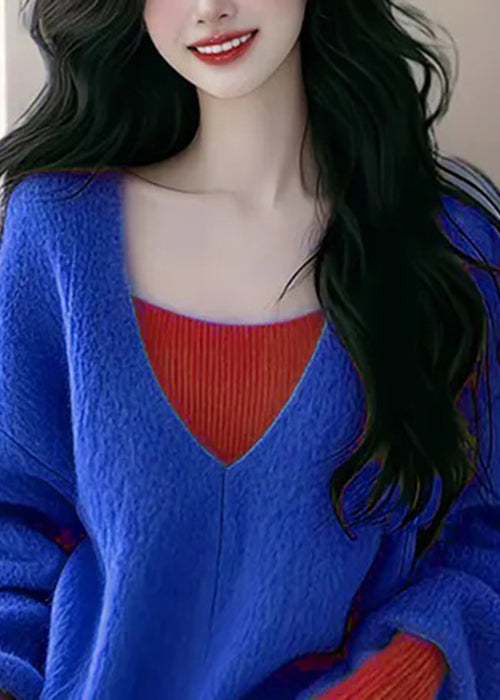 New Blue False Two Pieces Patchwork Knit Sweaters Fall