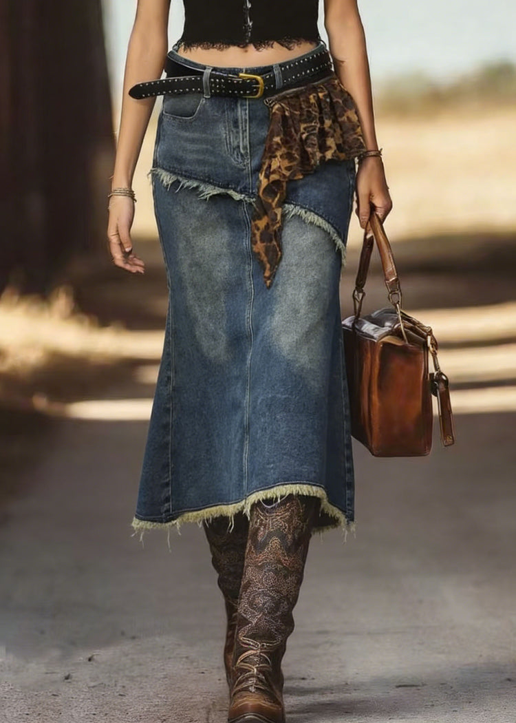 New Blue Fringed Fish Tail Denim Skirt Spring - Omychic