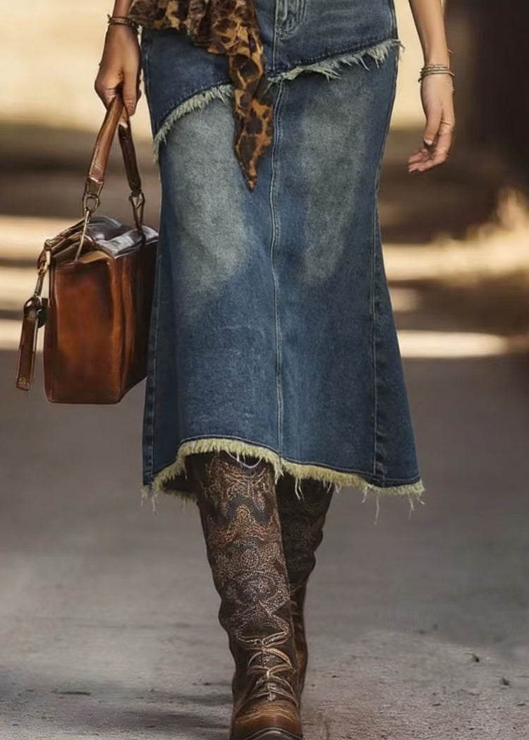 New Blue Fringed Fish Tail Denim Skirt Spring - Omychic