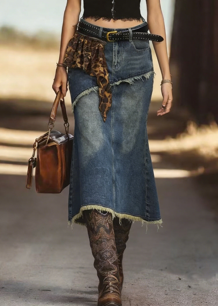 New Blue Fringed Fish Tail Denim Skirt Spring - Omychic