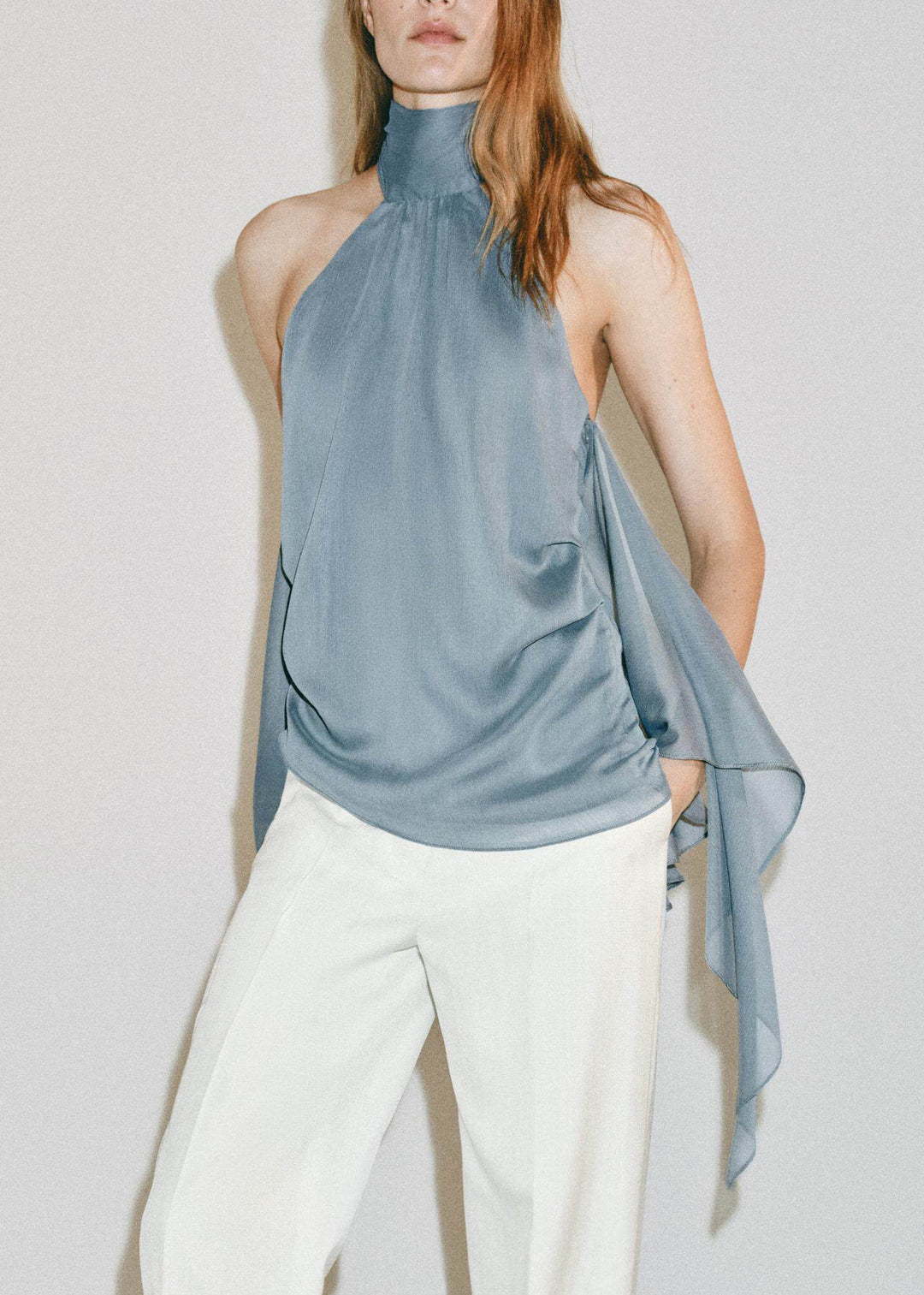 New Blue Grey Asymmetrical Patchwork Chiffon Top Sleeveless